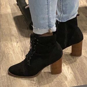 Black Ankle Laced Up Booties with Wooden Heel